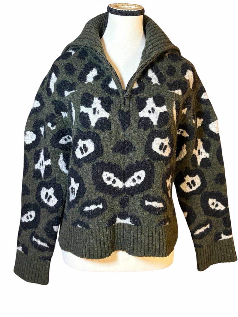 Zadig & Voltaire Taliah Leopard 1/4 Zip Sweater Green Wool Alpaca Blend Sz XS/S - Picture 1 of 5